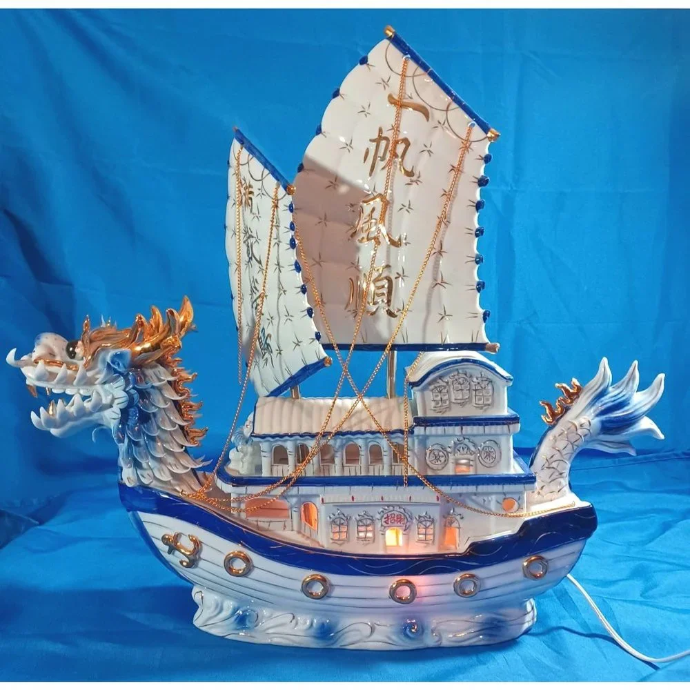 Chinese Porcelain Dragon Boat  Ship Lighted Sculpture TV  Lamp  24K Gold Vintage - Picture 8 of 16